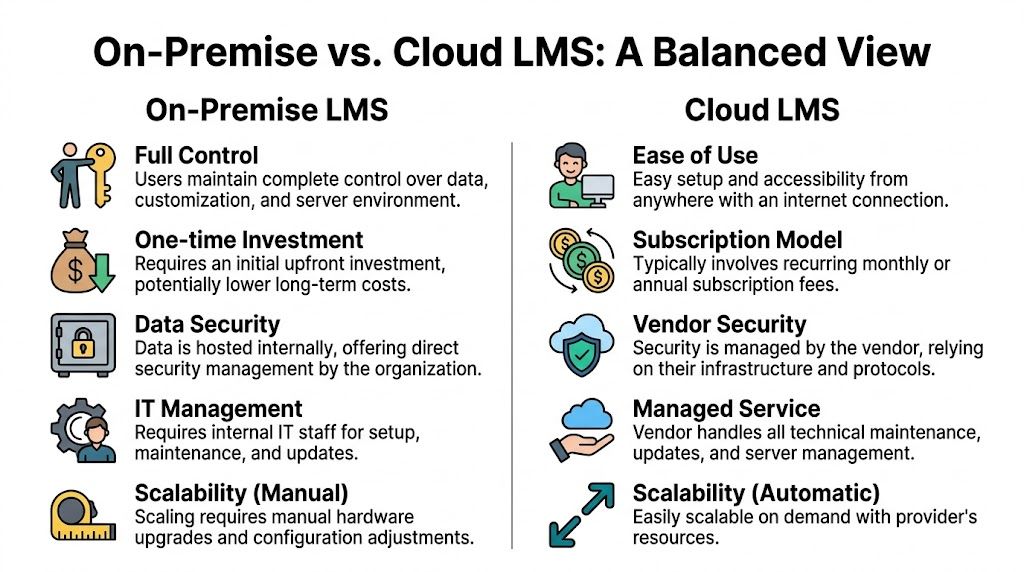 A comparison chart outlining the key differences between on-premise and cloud-based Learning Management Systems (LMS).