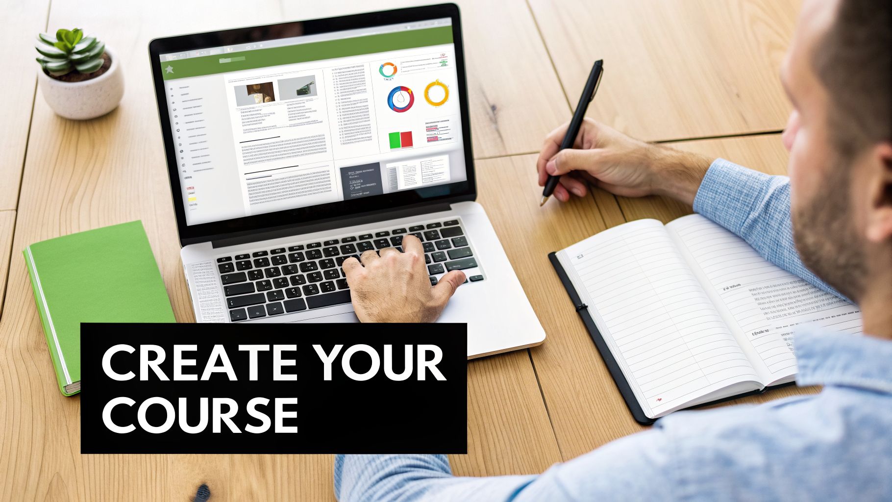 A person is typing on a laptop and writing in a notebook, likely developing an online course.
