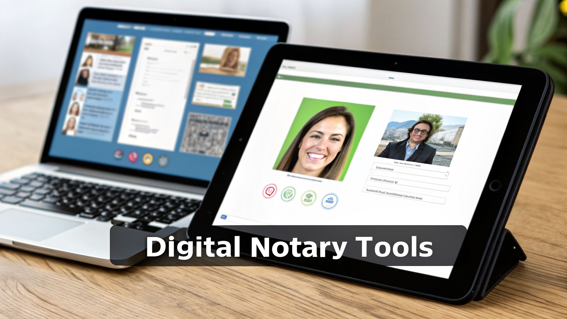 Laptop and tablet displaying digital profiles and tools for online notary services on a desk.