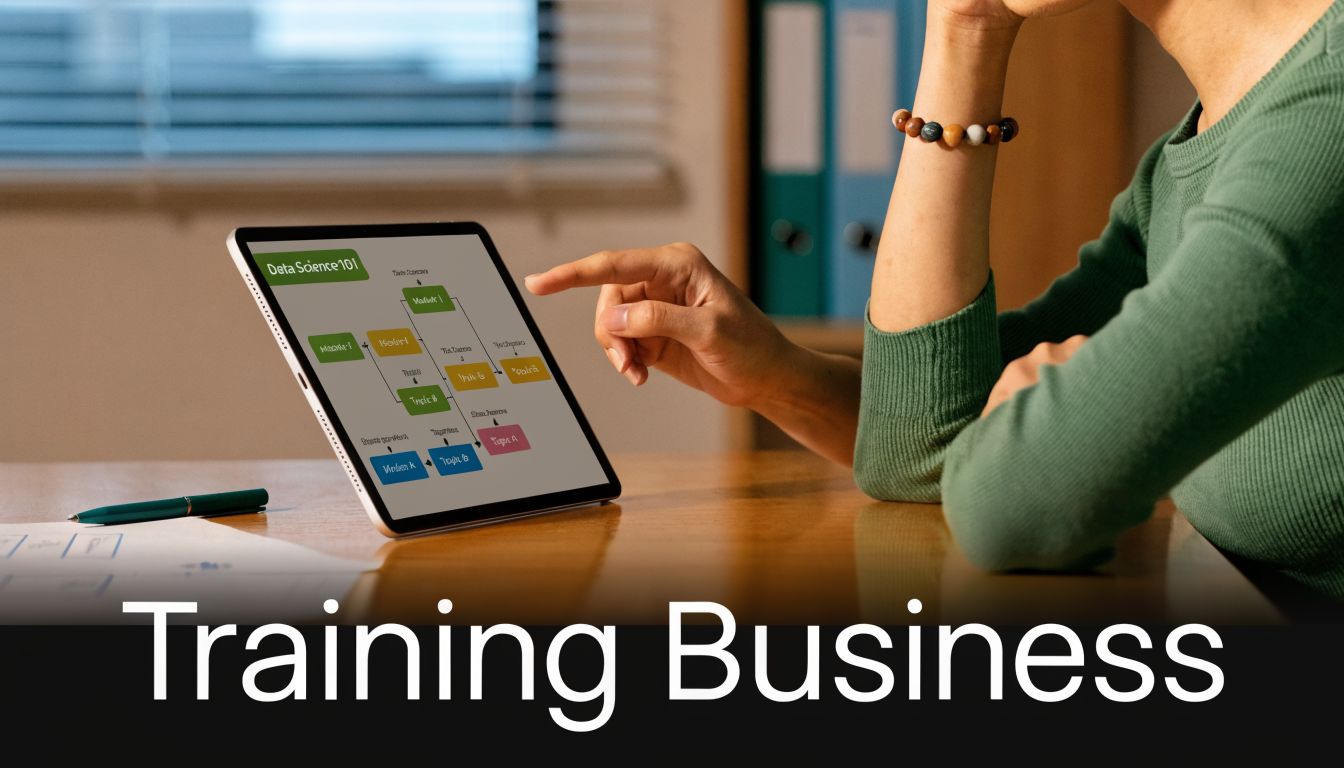 A person in a green sweater points at a tablet displaying a data science training flowchart.