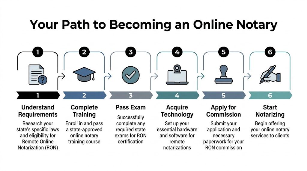 A six-step infographic illustrating the process of becoming a certified online notary through training and certification.