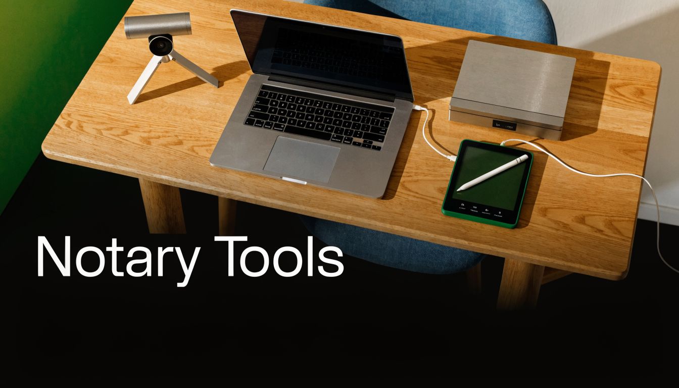 A modern workspace featuring a laptop, signature pad, camera, and stylus pen on a wooden desk.