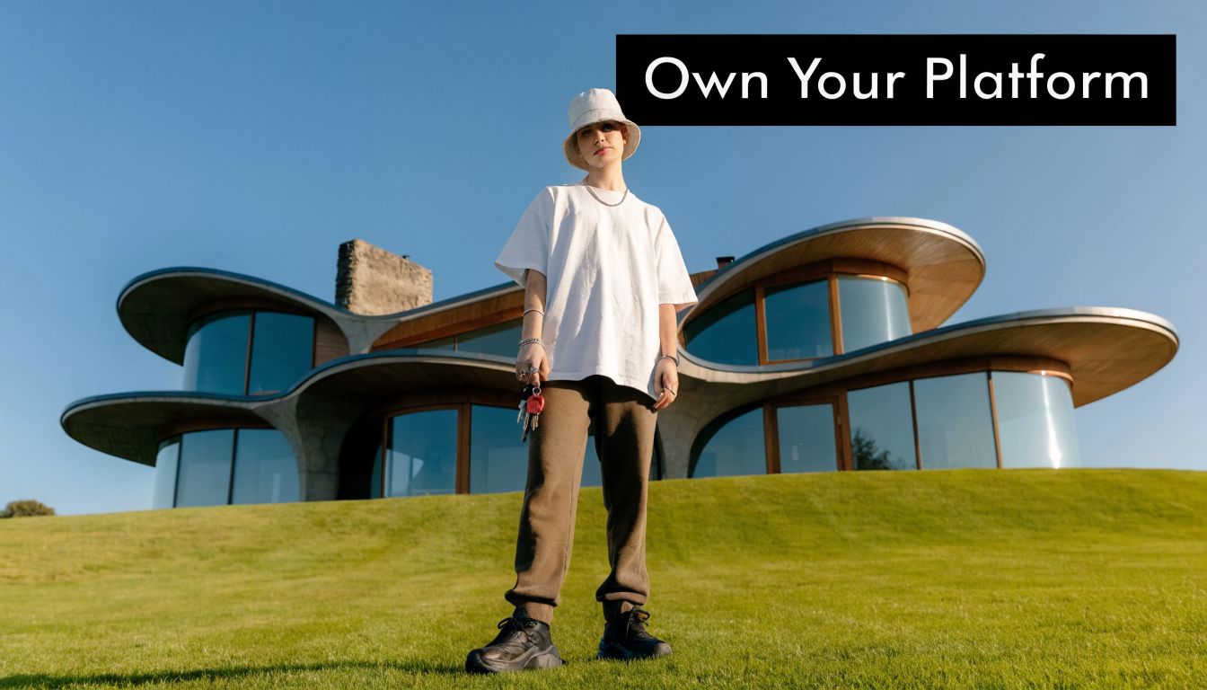 A young person wearing a bucket hat and casual clothes holding keys in front of a modern home.