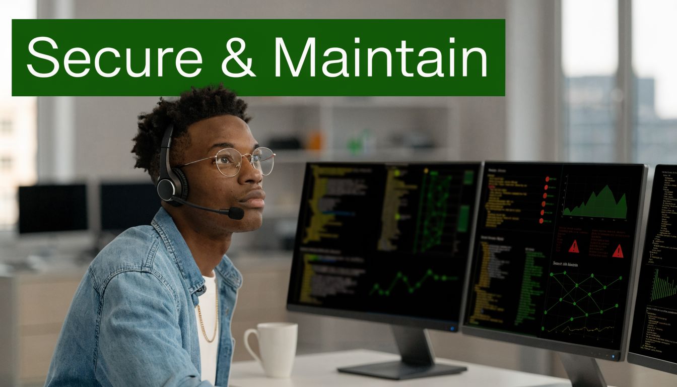 A young man with a headset looking at computer monitors displaying security data and code in an office.