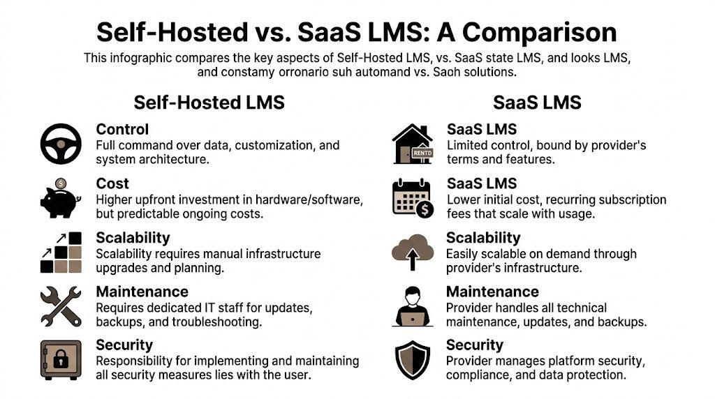 An infographic comparing key differences between self-hosted and SaaS learning management systems regarding control, cost, scalability, and security.