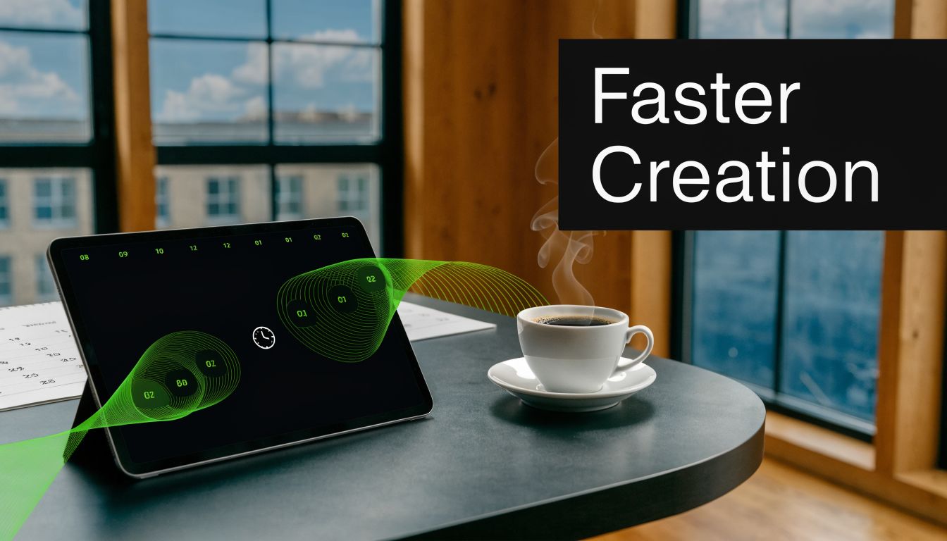 A digital tablet displaying abstract data visualizations sits on a desk next to a steaming coffee cup.