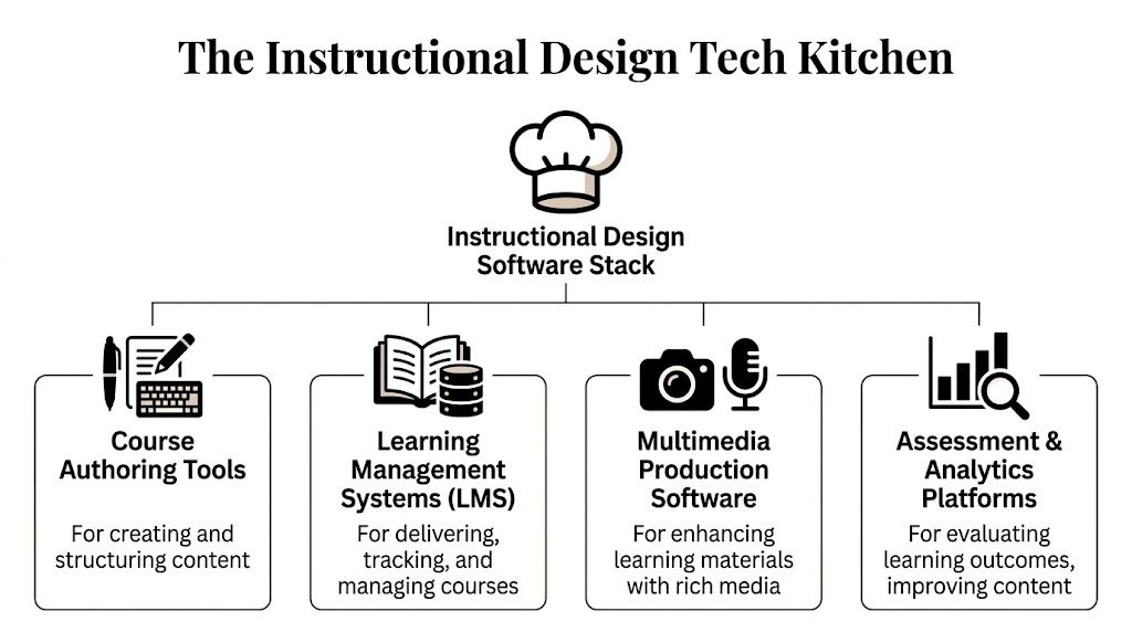 A diagram illustrating the four main components of an instructional design software stack with icon labels.