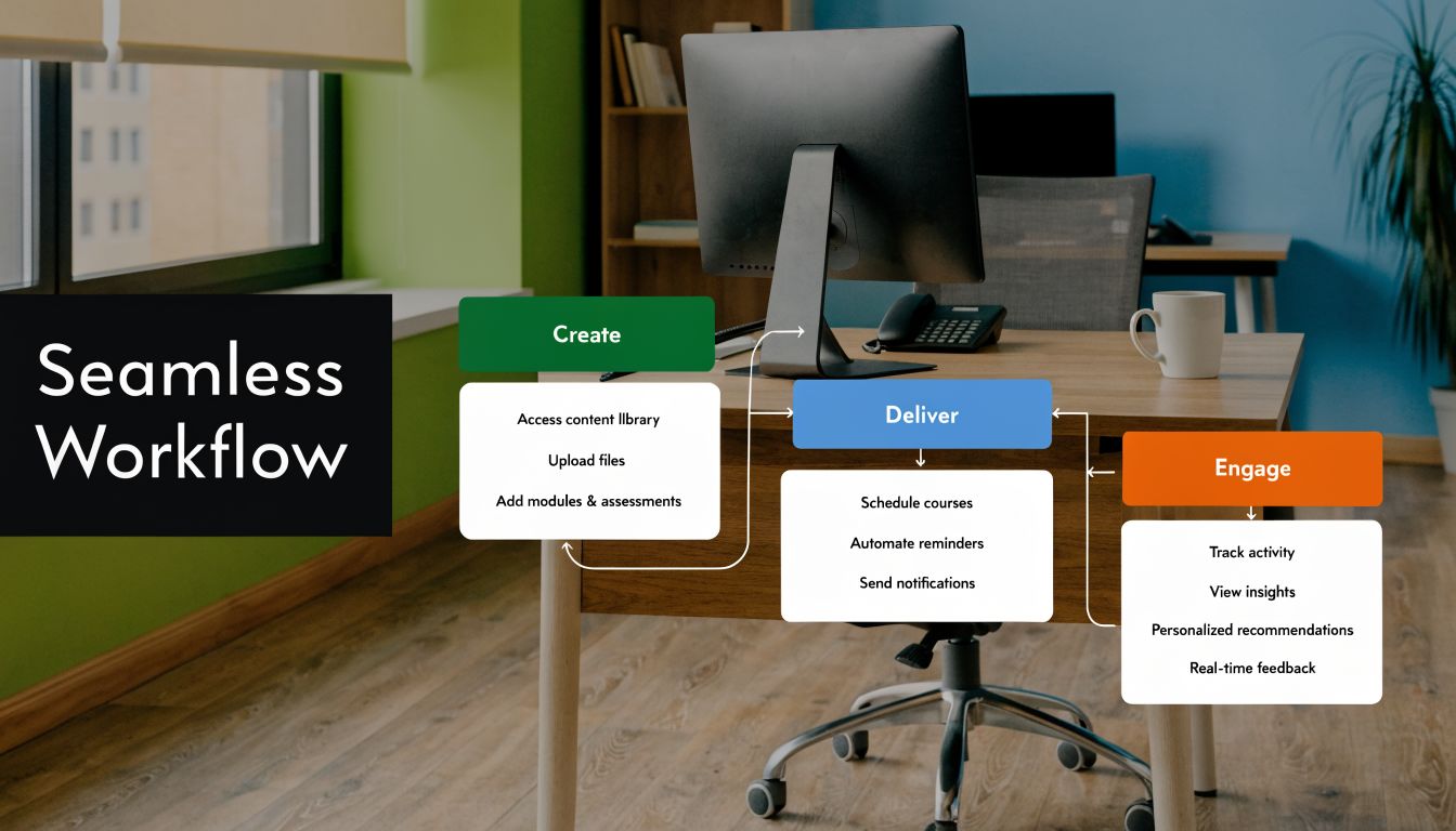 A diagram showcasing a seamless instructional design workflow titled Create, Deliver, and Engage on an office background.
