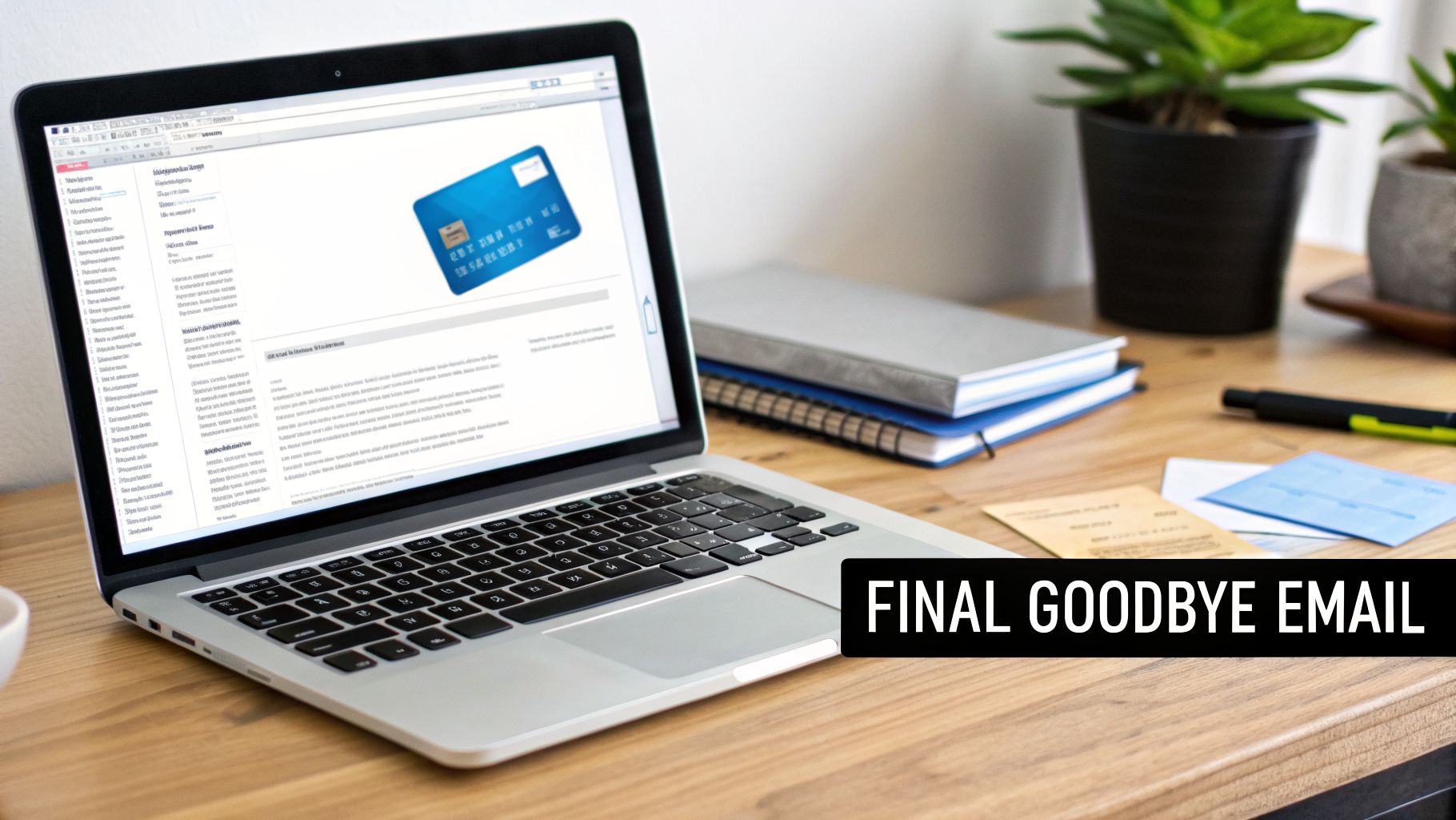 A laptop displaying a blue credit card image on screen, placed on a wooden desk with notebooks and a pen.