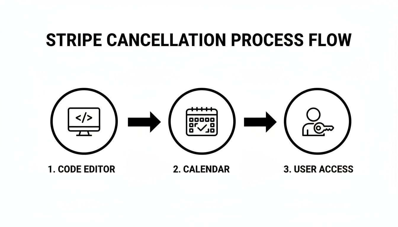 A Stripe cancellation process flow diagram showing three steps: code editor, calendar, and user access.