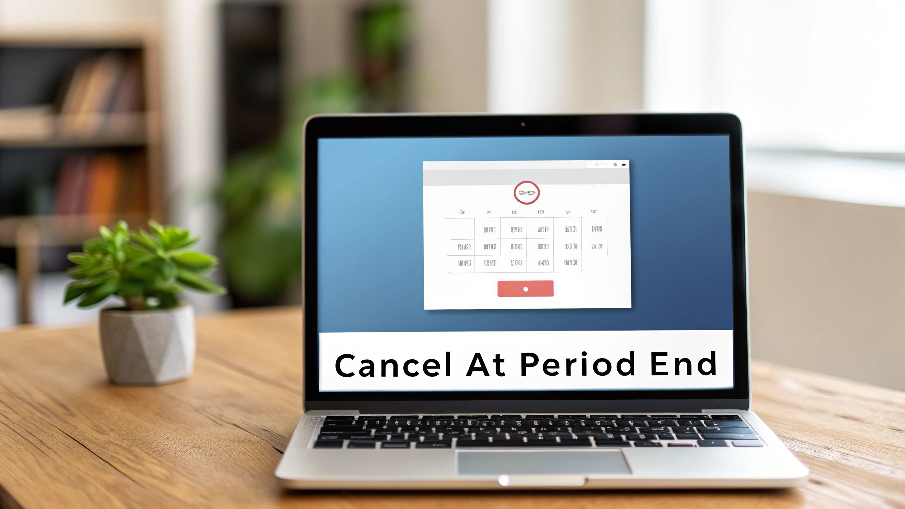 A laptop screen showing a calendar app and text 'Cancel At Period End' on a wooden desk.