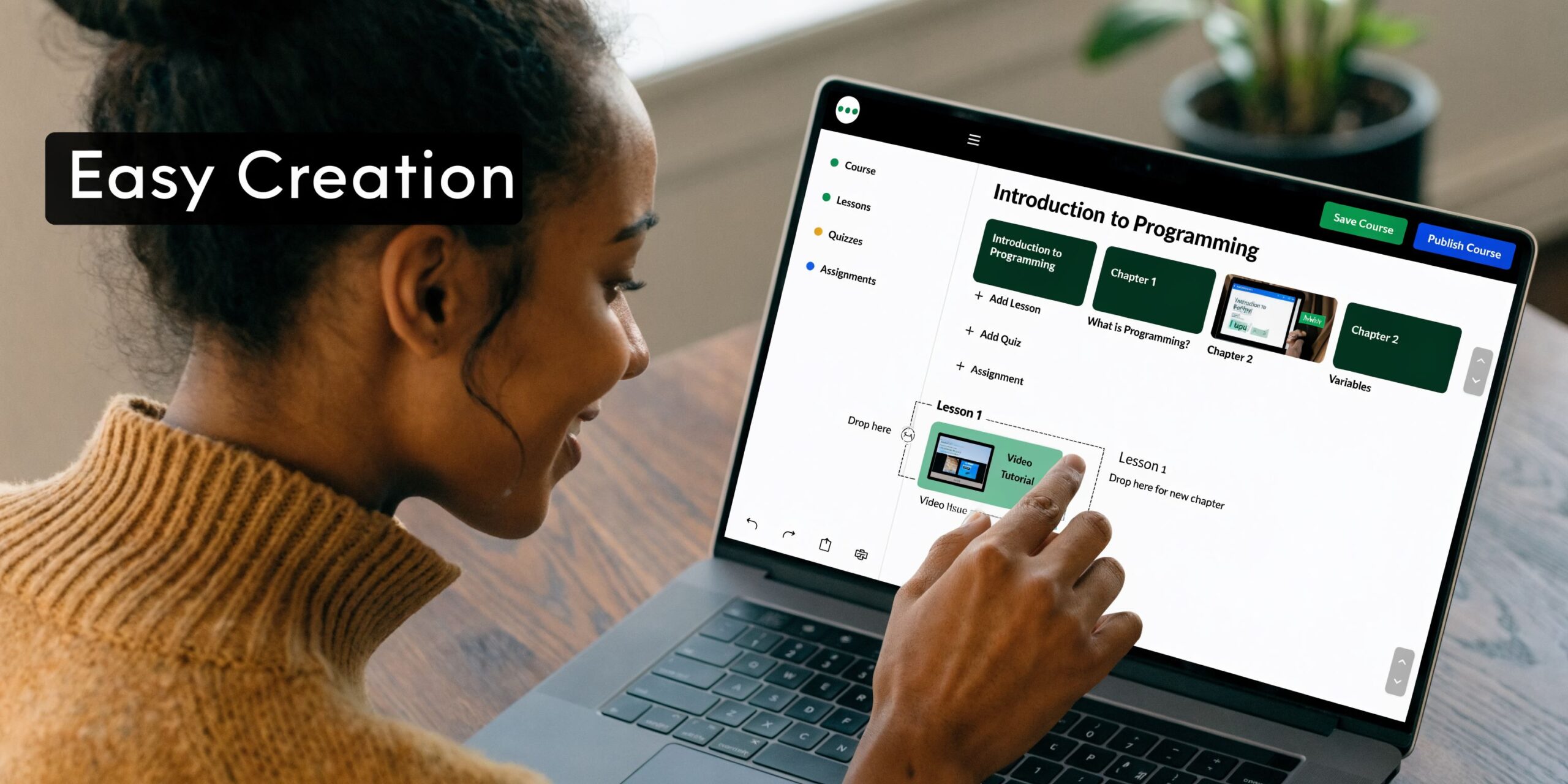 A smiling woman using a laptop to design an online course on an intuitive educational platform interface.