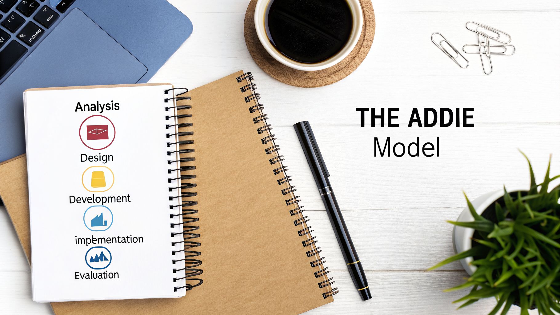Desk flat lay with a notebook illustrating the five phases of the ADDIE training model.