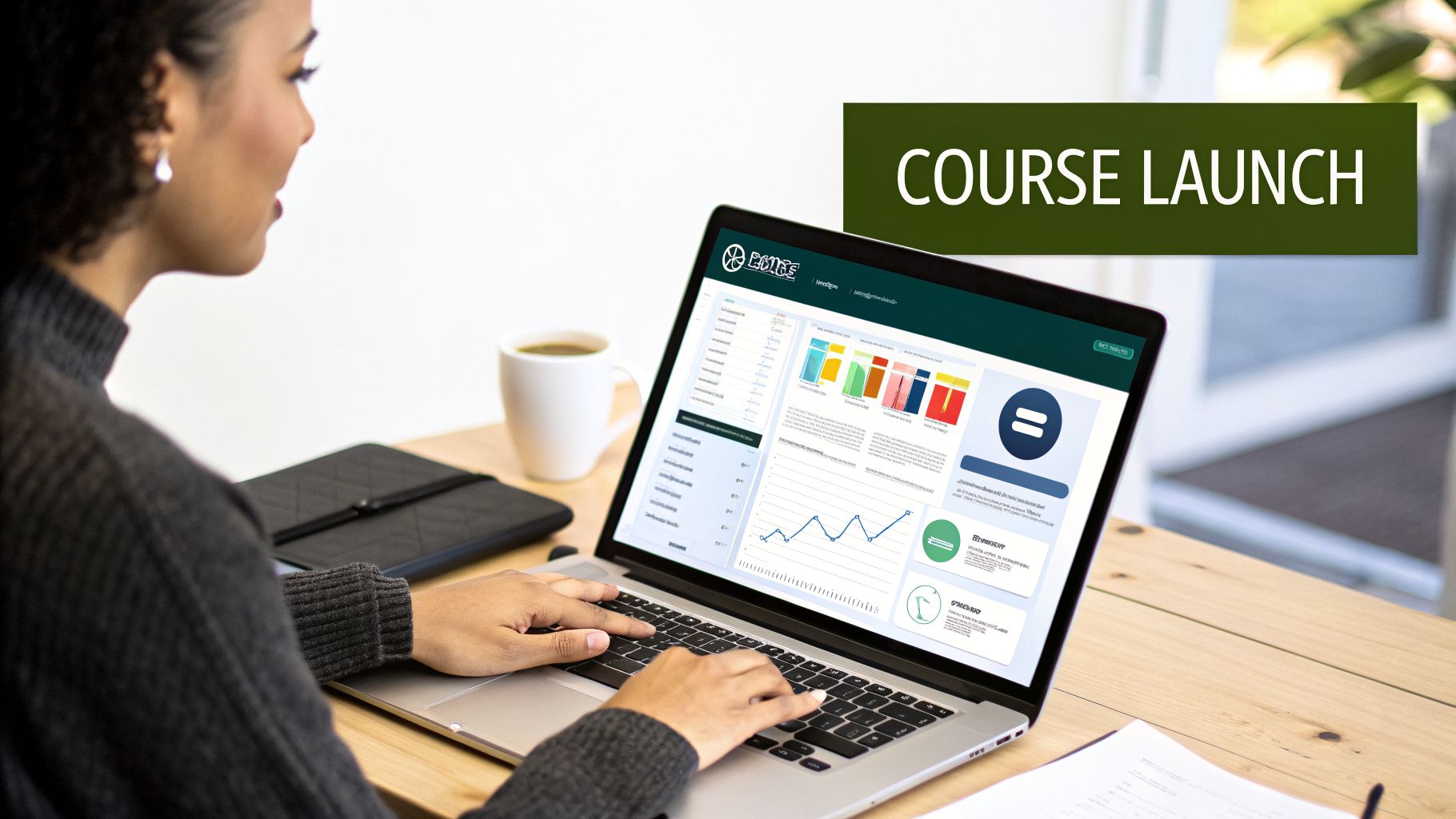 A woman types on a laptop showing a dashboard and a 'COURSE LAUNCH' banner.