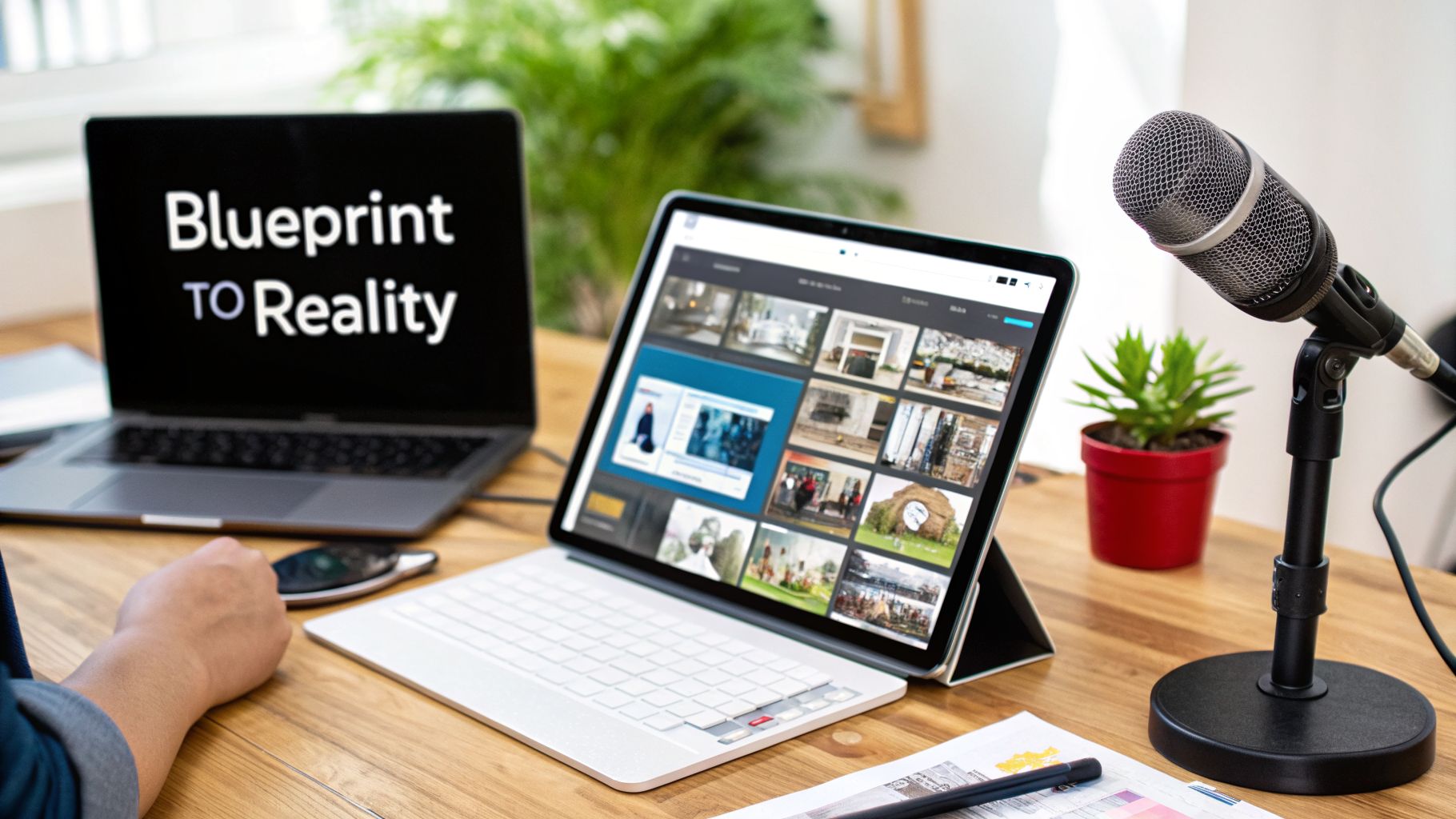 Modern office desk with a laptop, tablet displaying visual content, and a professional microphone.