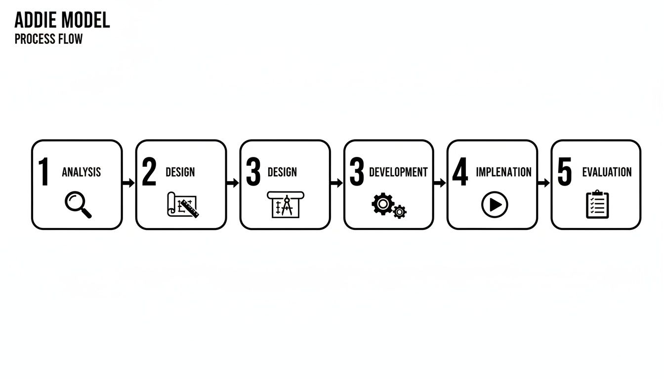 ADDIE Model instructional design process flow diagram showing Analysis, Design, Development, Implementation, and Evaluation.