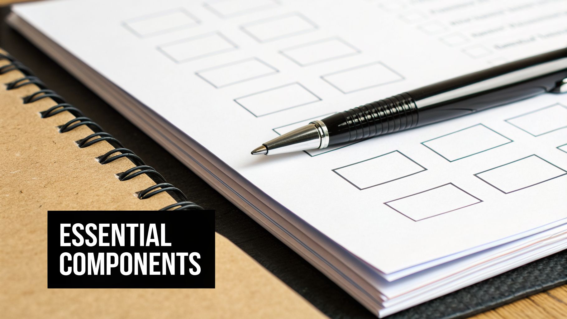 A black pen rests on white paper with empty checklist boxes, next to a spiral notebook. Text reads 'ESSENTIAL COMPONENTS'.