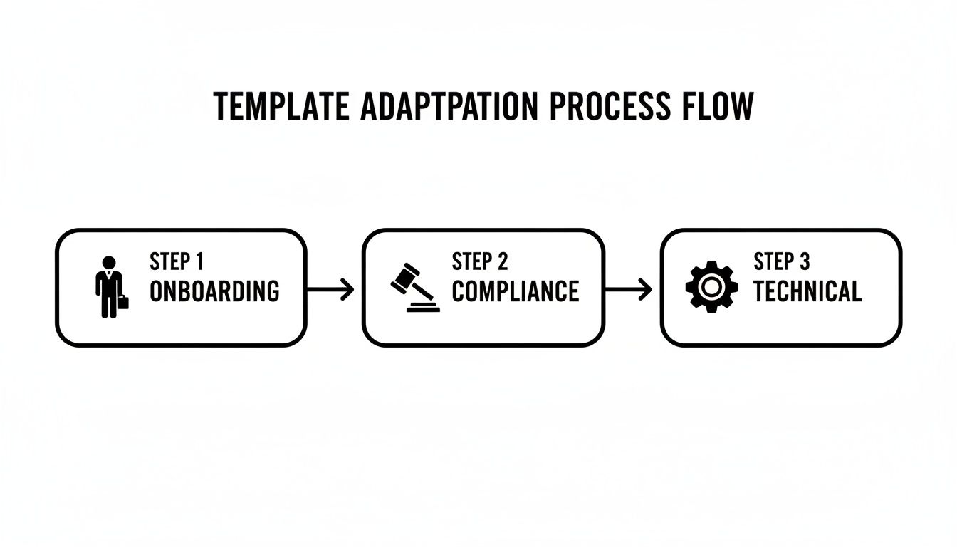 A template adaptation process flow diagram showing three steps: onboarding, compliance, and technical.