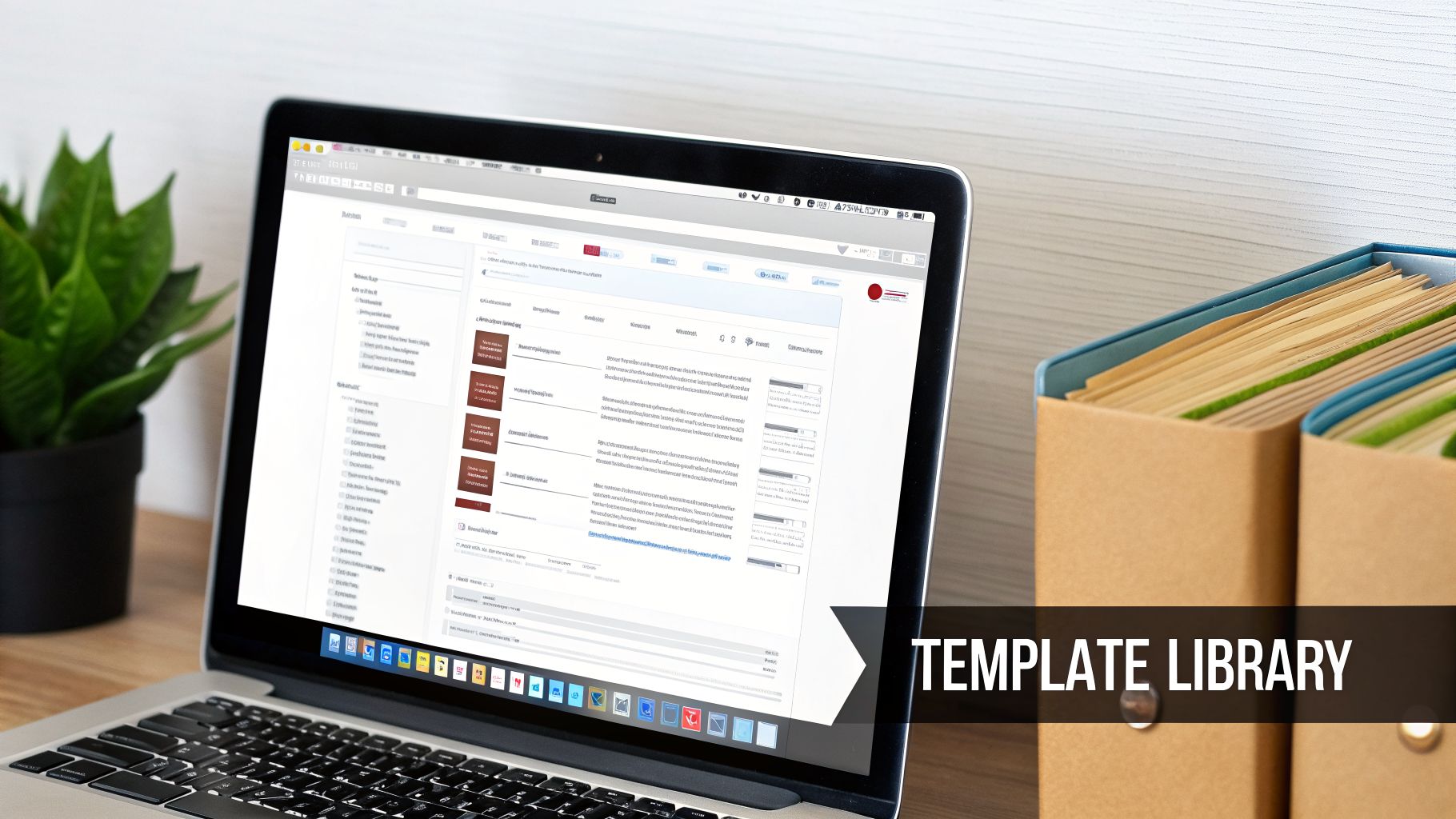 A laptop on a wooden desk displaying a template library, with a plant and file boxes nearby.