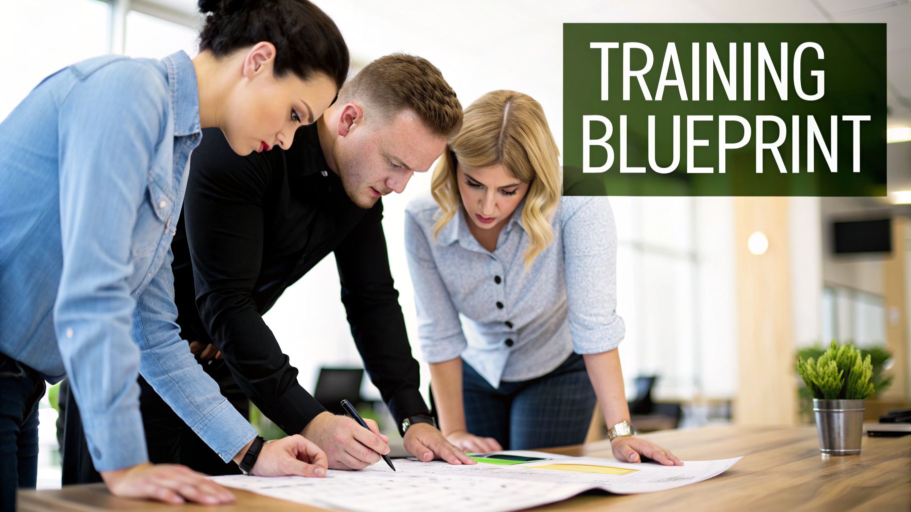A team of three professionals collaborating and reviewing documents on a wooden table, with 'TRAINING BLUEPRINT' text.