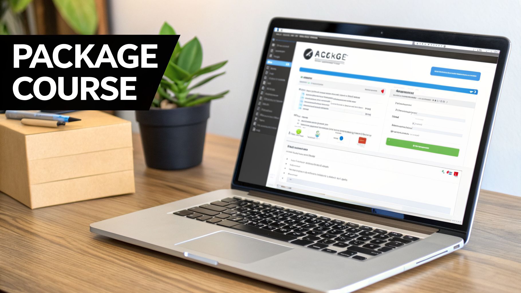 A laptop displaying an online 'PACKAGE COURSE' on a desk with boxes and a potted plant.