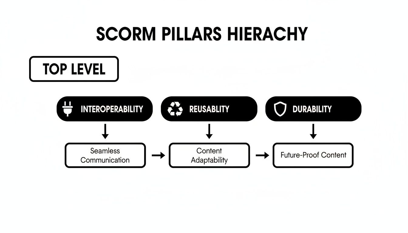 Hierarchy chart of SCORM pillars showing Interoperability, Reusability, and Durability, and their benefits.
