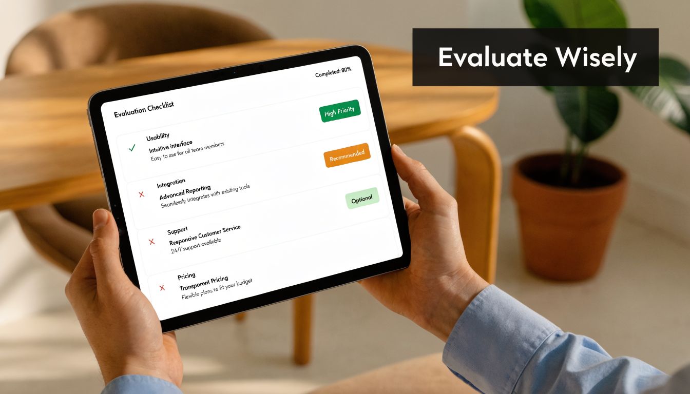 A person holding a tablet displaying an evaluation checklist for a software or project management tool.