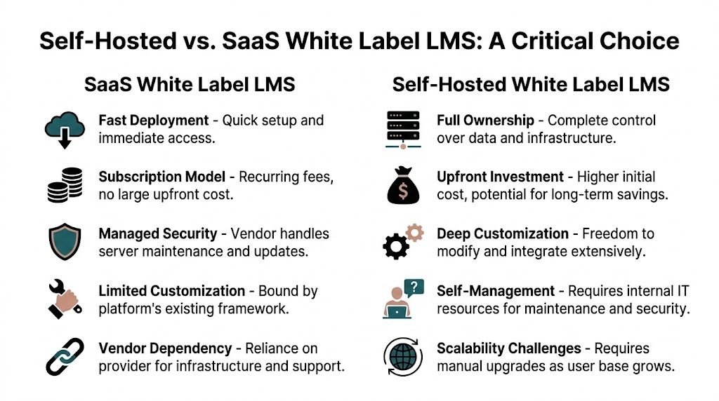 A comparison chart outlining the pros and cons of SaaS versus self-hosted white label LMS solutions.